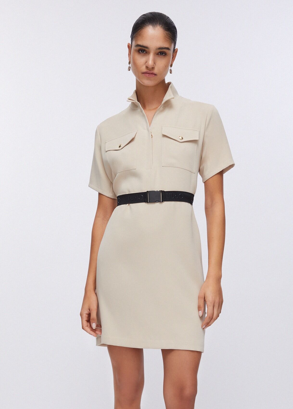 Bej Krep Kısa Elbise