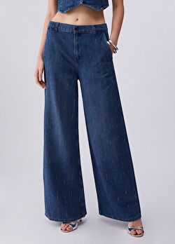 Mavi Strass Detaylı Flare Denim Pantolon ürünü görüntülemek için tıklayınız
