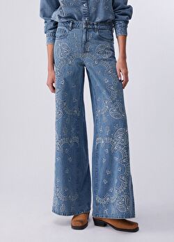 Mavi Işlemeli Flare Denim Pantolon ürünü görüntülemek için tıklayınız