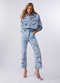 Mavi Çiçek Işlemeli Straight Denim Pantolon ürünü görüntülemek için tıklayınız