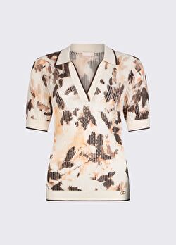 Desenli Polo Yaka Ajur Örme Bluz ürünü görüntülemek için tıklayınız