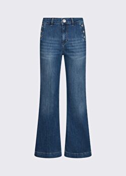 Koyu Mavi Yüksek Bel Düğmeli Flare Denim ürünü görüntülemek için tıklayınız