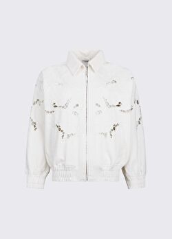Beyaz İşlemeli Denim Bomber Ceket ürünü görüntülemek için tıklayınız