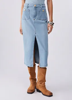 Açık Mavi Düğme Detaylı Uzun Etek ürünü görüntülemek için tıklayınız