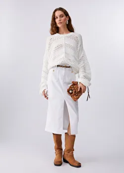 Beyaz Düğme Detaylı Uzun Etek ürünü görüntülemek için tıklayınız