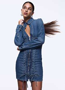 Bağcık Detaylı Denim Mini Elbise ürünü görüntülemek için tıklayınız