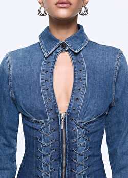 Bağcık Detaylı Denim Mini Elbise ürünü görüntülemek için tıklayınız