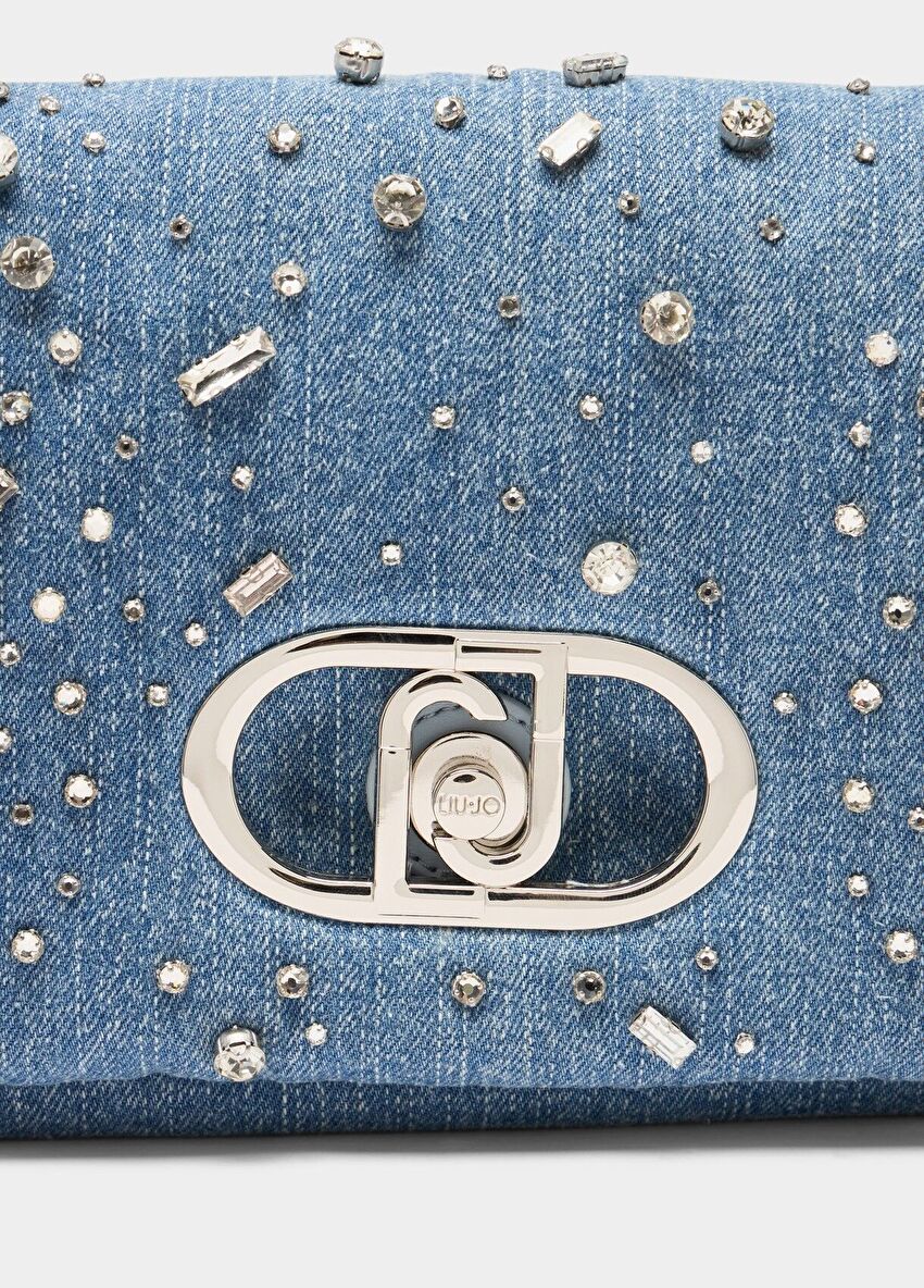 Taşlı Mavi Denim LaPuffy Orta Çanta