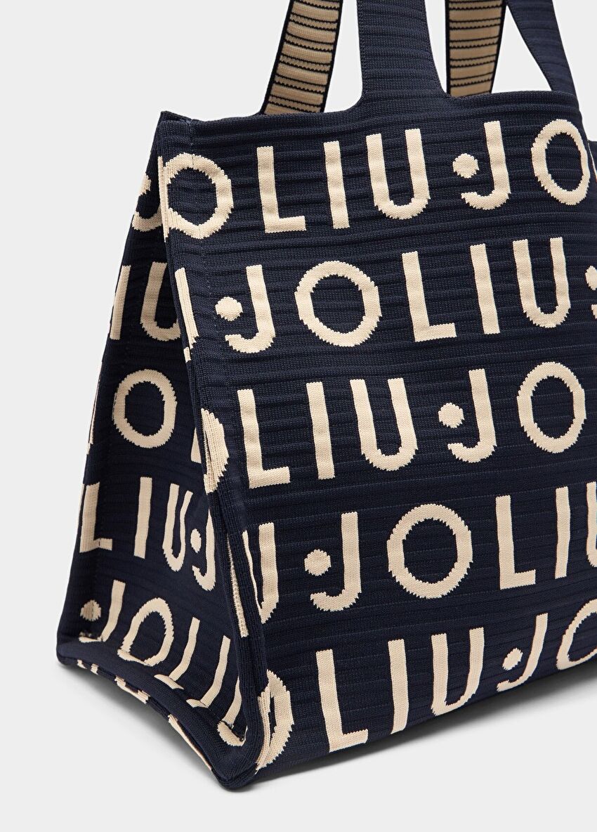 Siyah Logolu Örme Tote Çanta