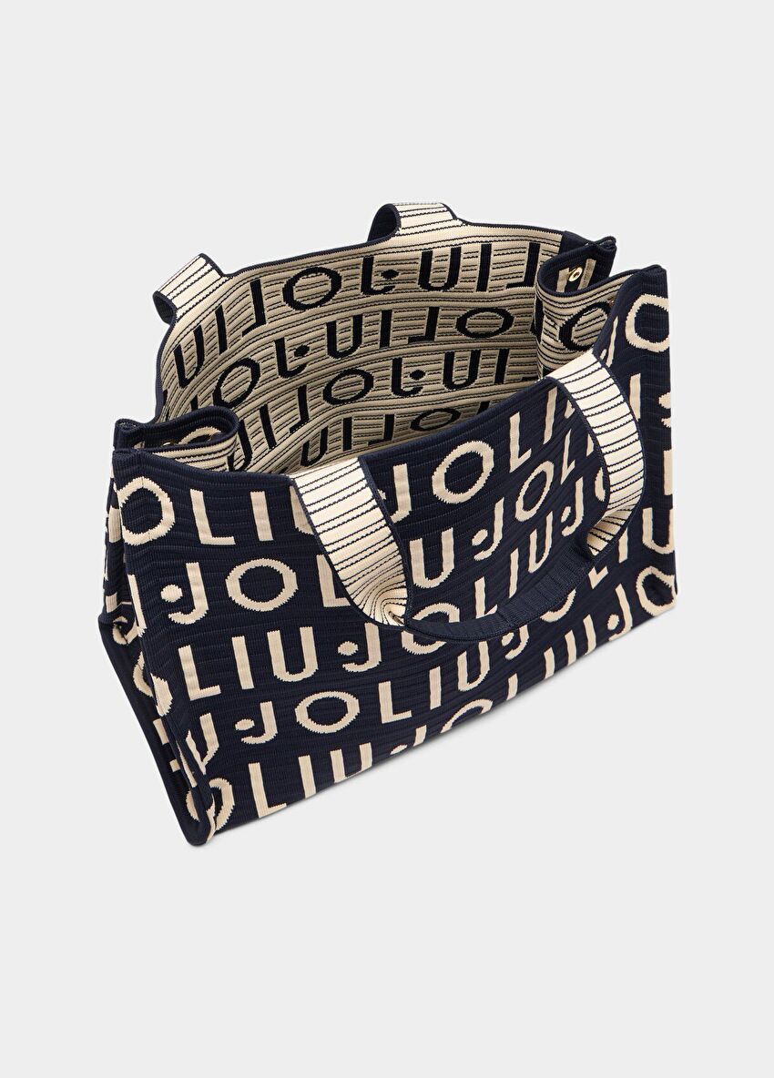 Siyah Logolu Örme Tote Çanta