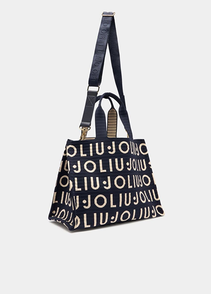 Siyah Logolu Örme Tote Çanta