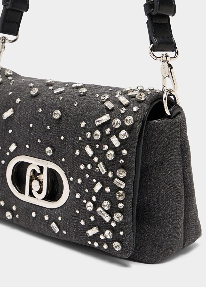 Taşlı Gri Denim LaPuffy Orta Çanta