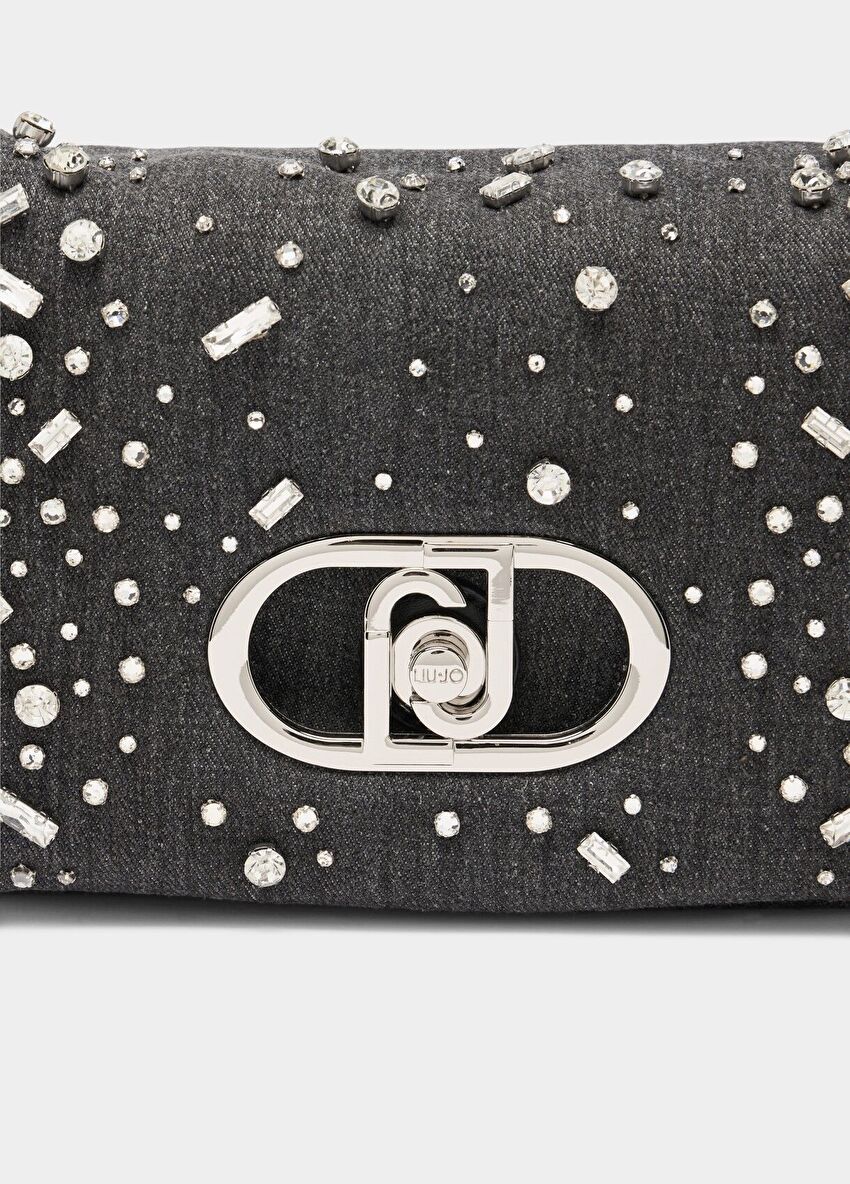 Taşlı Gri Denim LaPuffy Orta Çanta