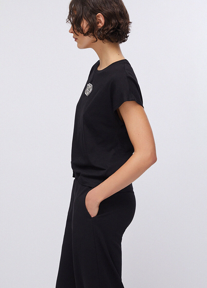 Siyah Kısa Kollu Taşlı T-Shirt