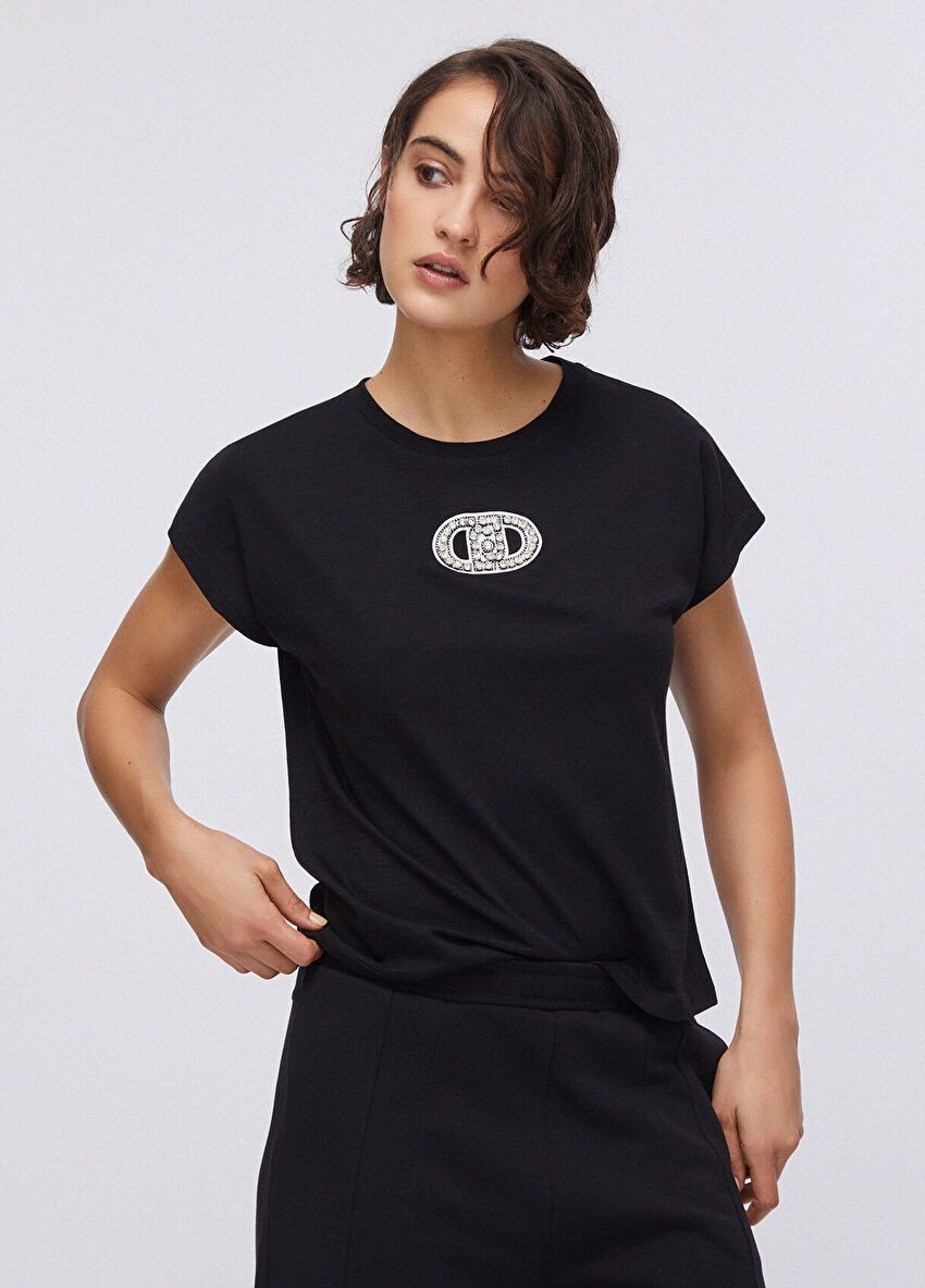 Siyah Kısa Kollu Taşlı T-Shirt