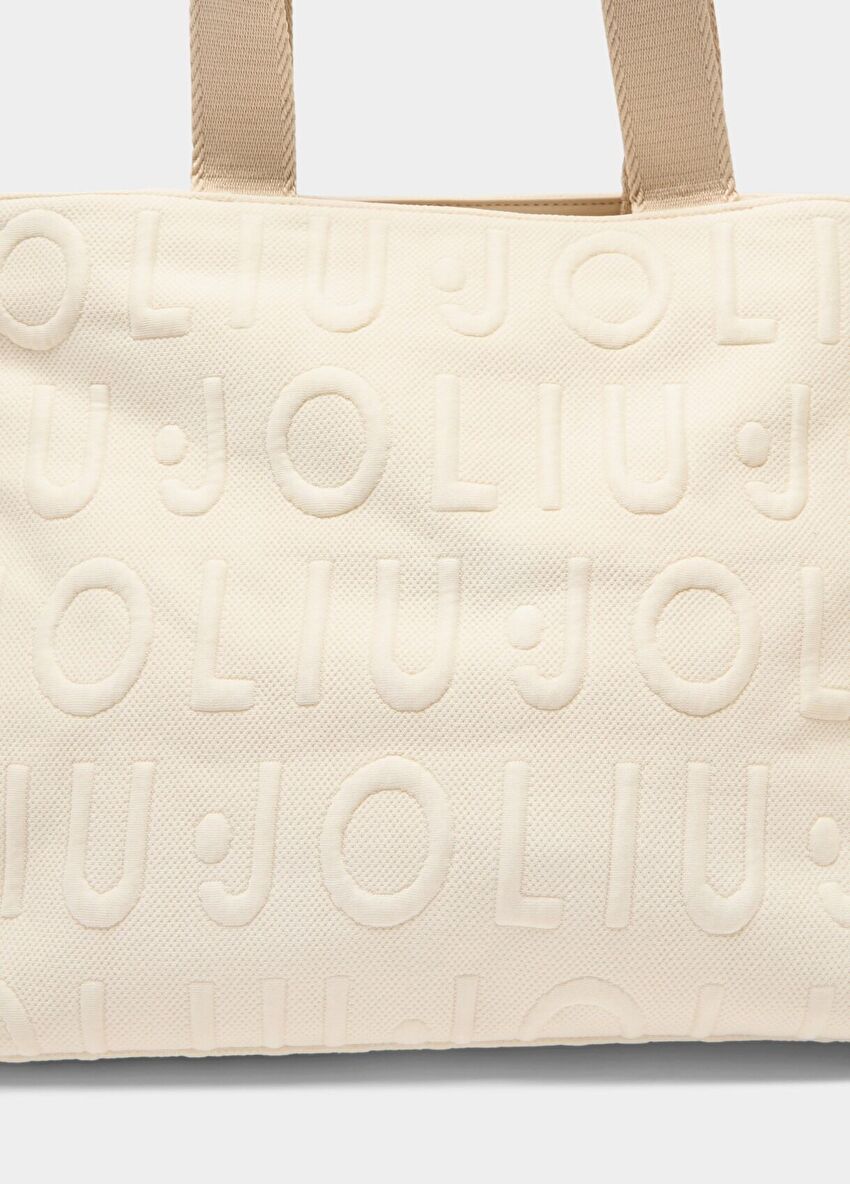 Ekru Kanvas Bubble Logo Orta Boy Tote Çanta