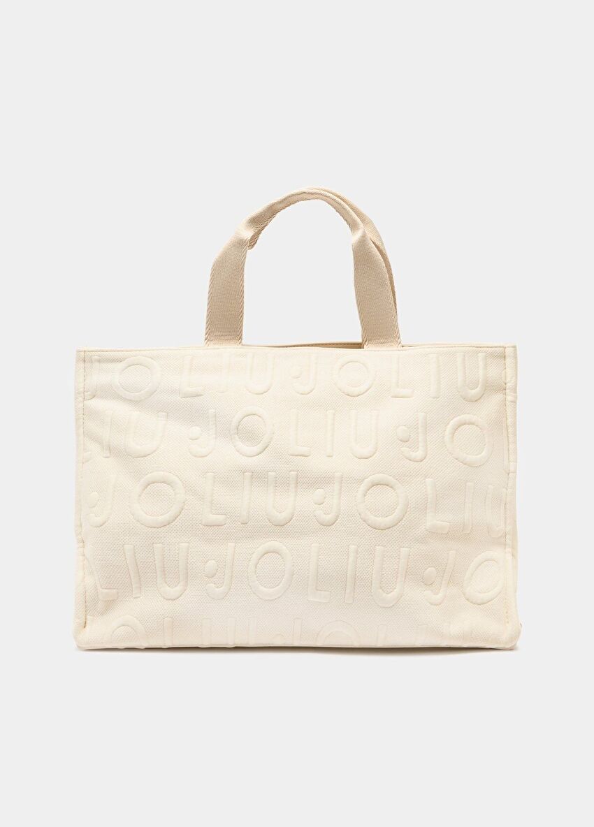 Ekru Kanvas Bubble Logo Orta Boy Tote Çanta