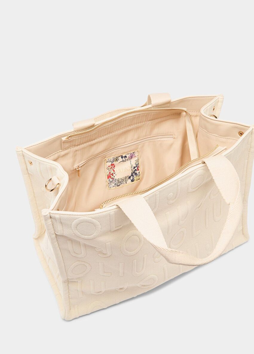 Ekru Kanvas Bubble Logo Orta Boy Tote Çanta