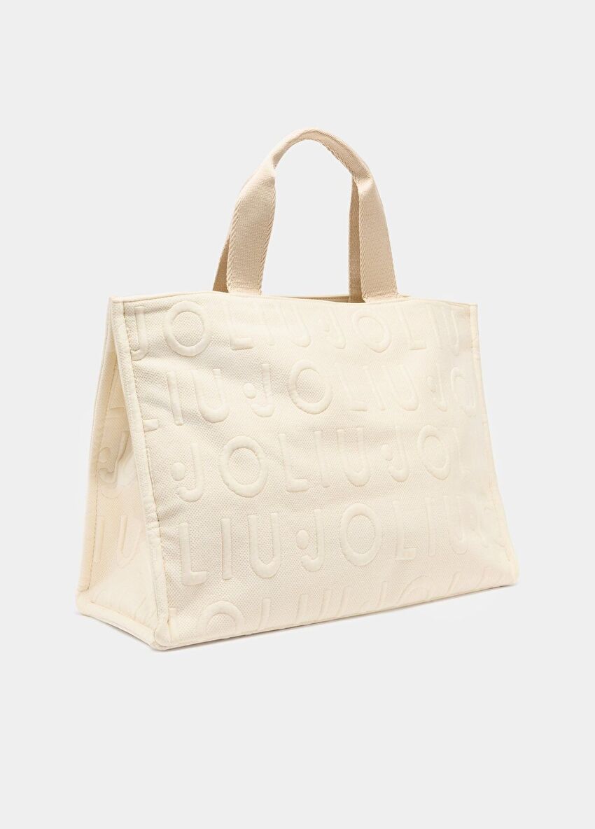 Ekru Kanvas Bubble Logo Orta Boy Tote Çanta