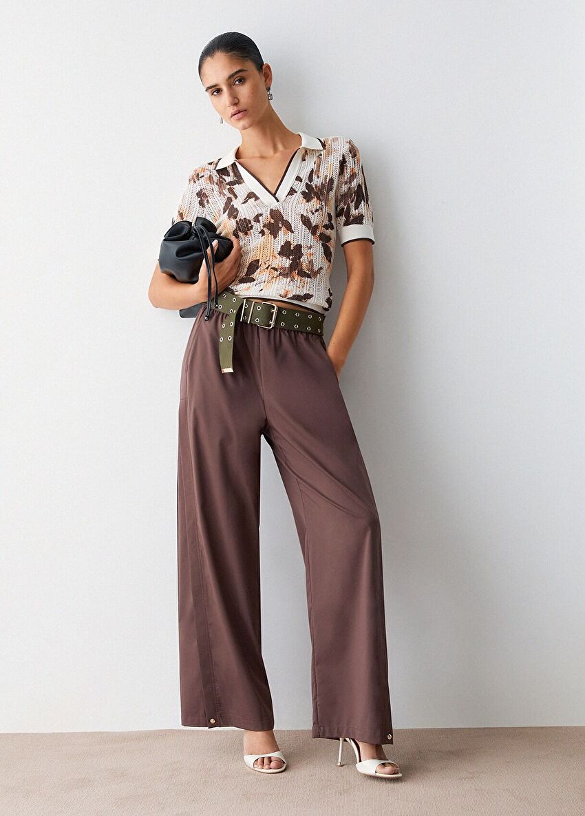 Desenli Polo Yaka Ajur Örme Bluz