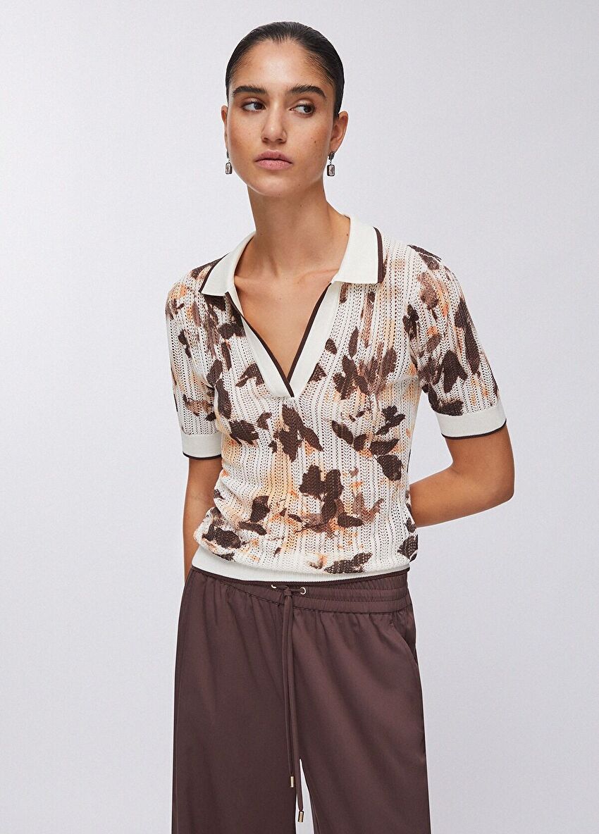 Desenli Polo Yaka Ajur Örme Bluz