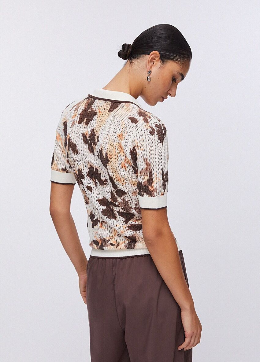 Desenli Polo Yaka Ajur Örme Bluz