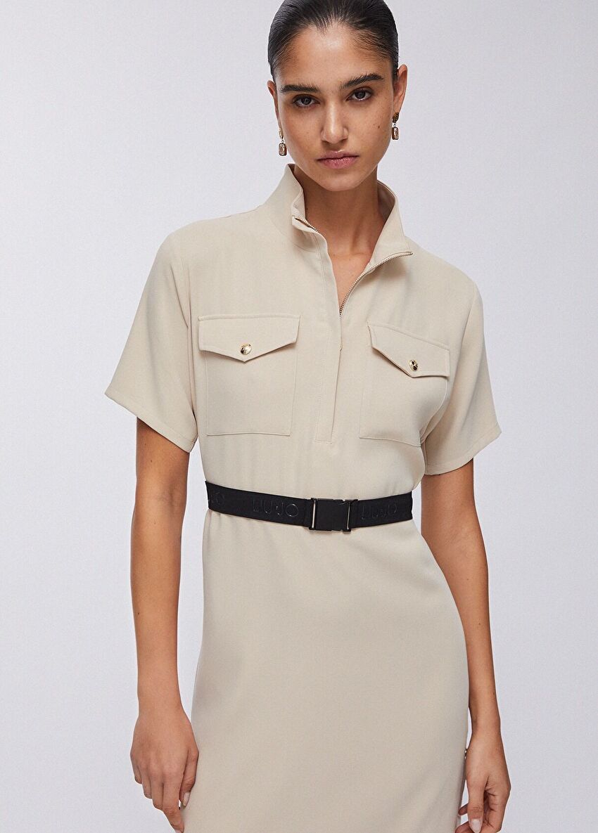 Bej Krep Kısa Elbise