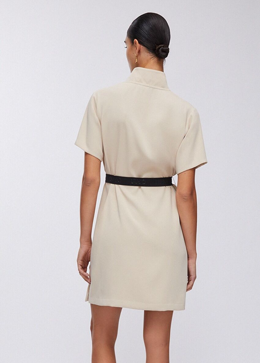 Bej Krep Kısa Elbise