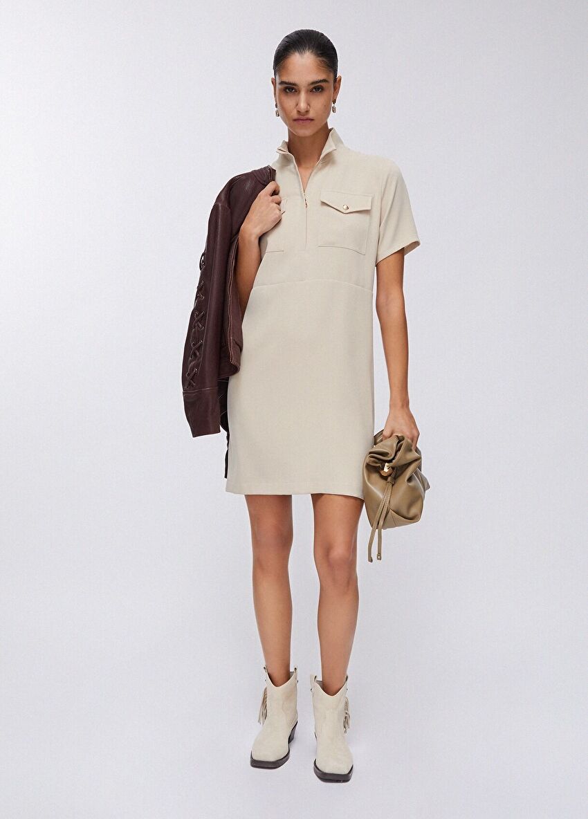 Bej Krep Kısa Elbise