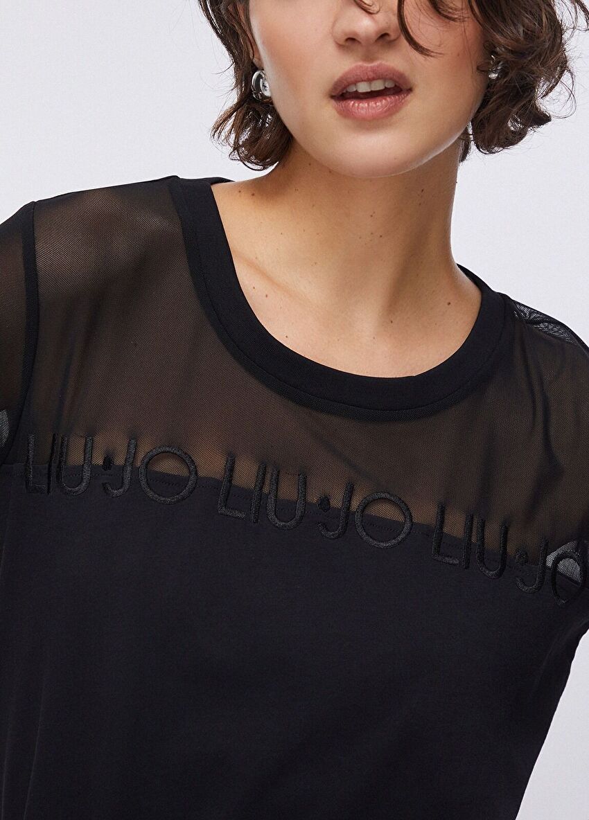 Siyah Tüllü Kısa Kol T-Shirt