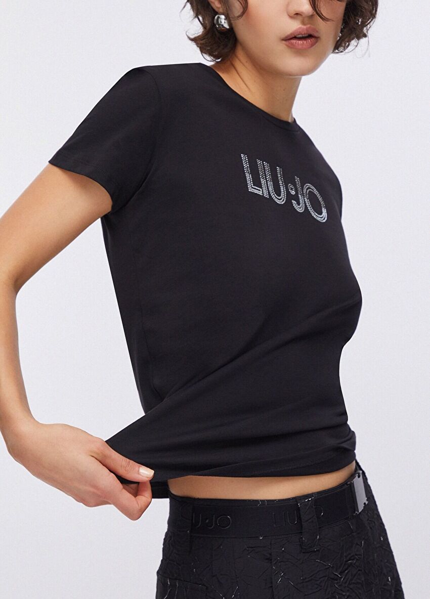 Siyah Taşlı Kısa Kollu T-Shirt