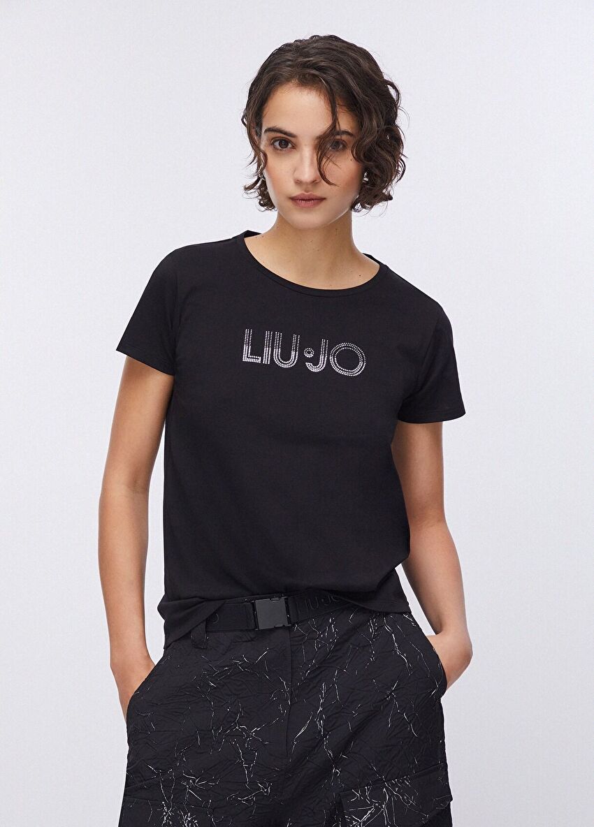 Siyah Taşlı Kısa Kollu T-Shirt