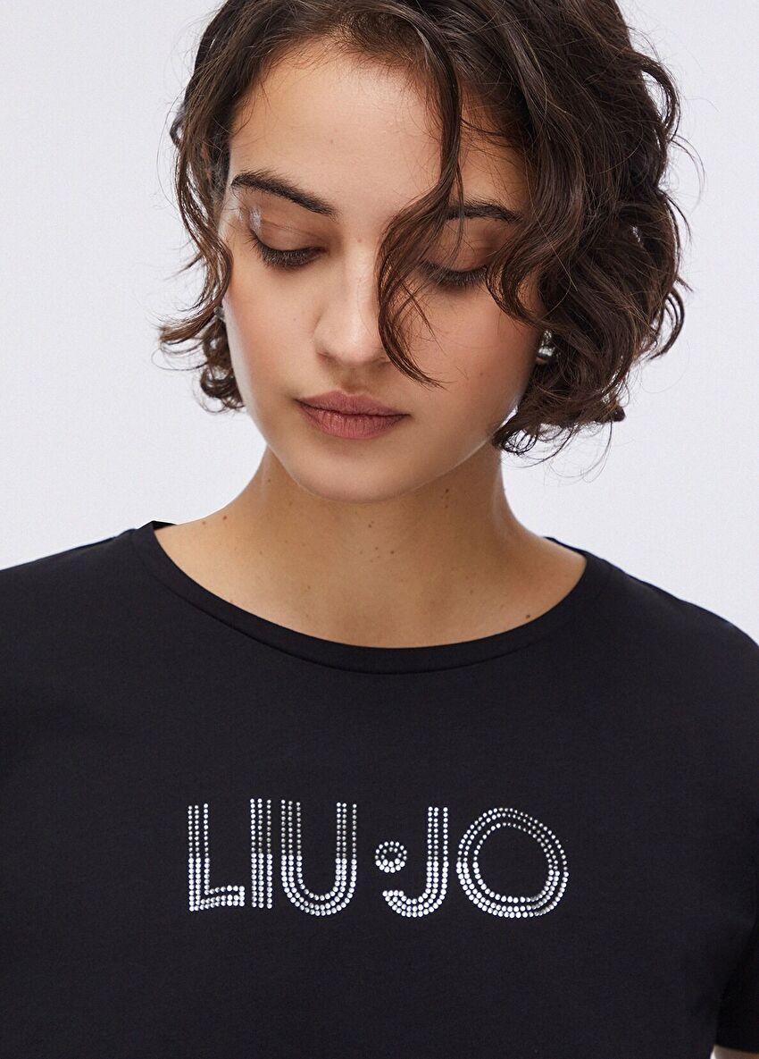 Siyah Taşlı Kısa Kollu T-Shirt