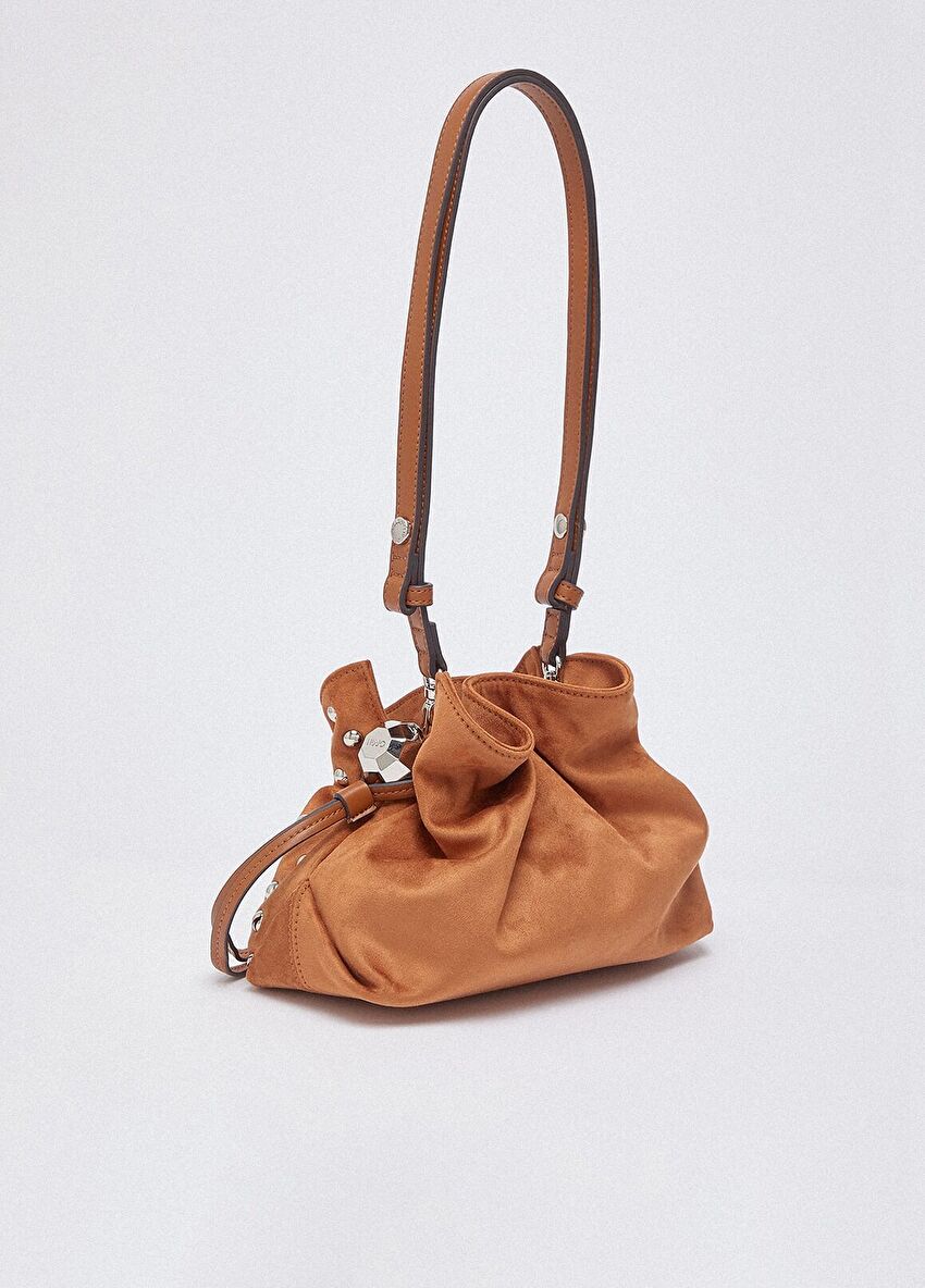 Taba Süet Troklu Büzgülü Küçük Boy Hobo Çanta