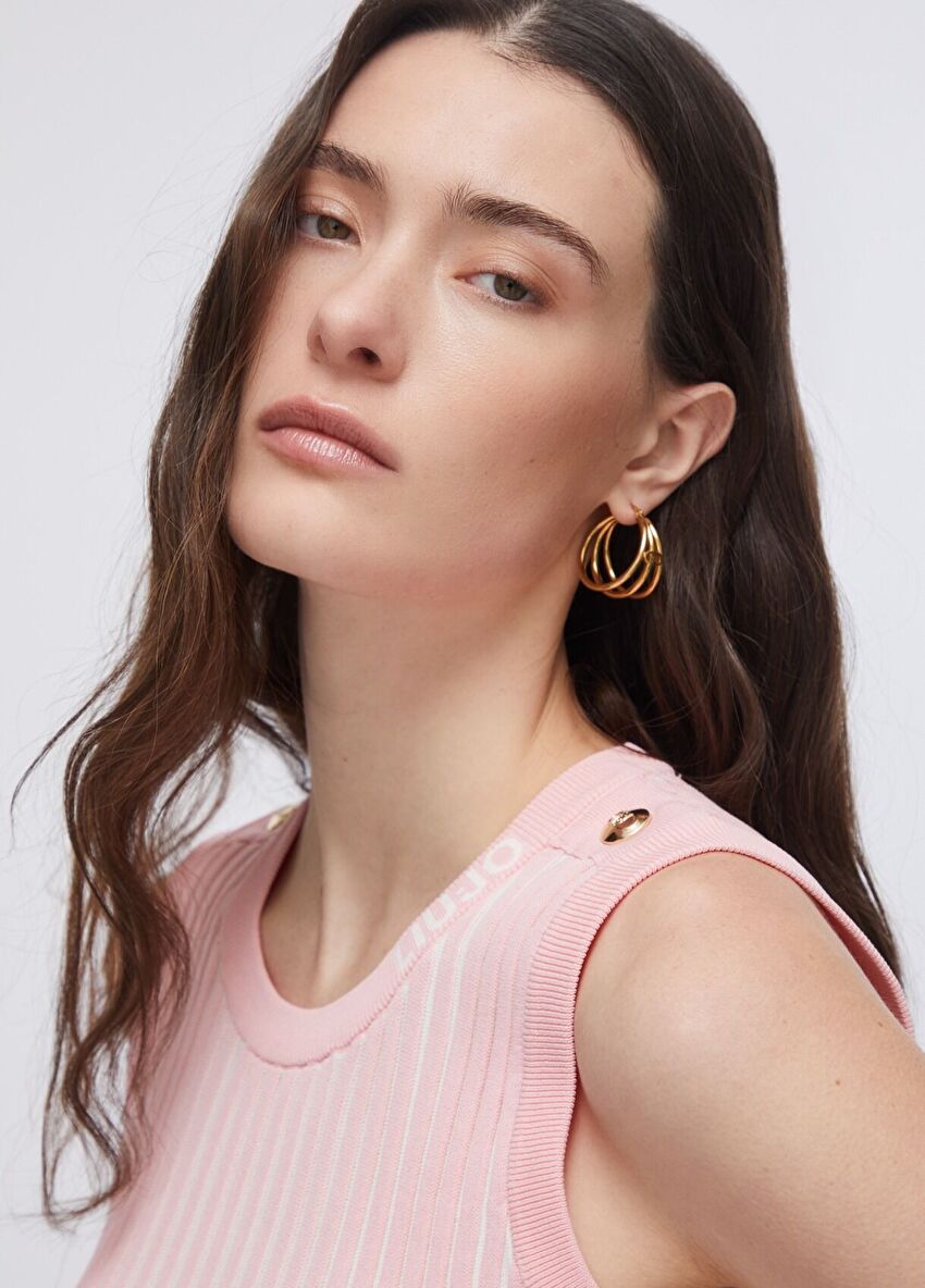 Pembe / Beyaz Jakarlı Örme Bluz