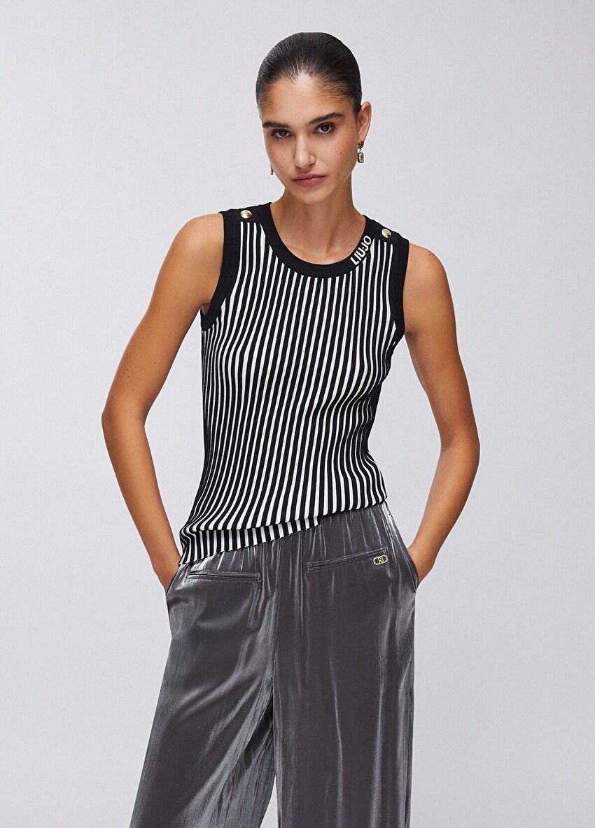 Siyah / Beyaz Çizgili Örme Bluz