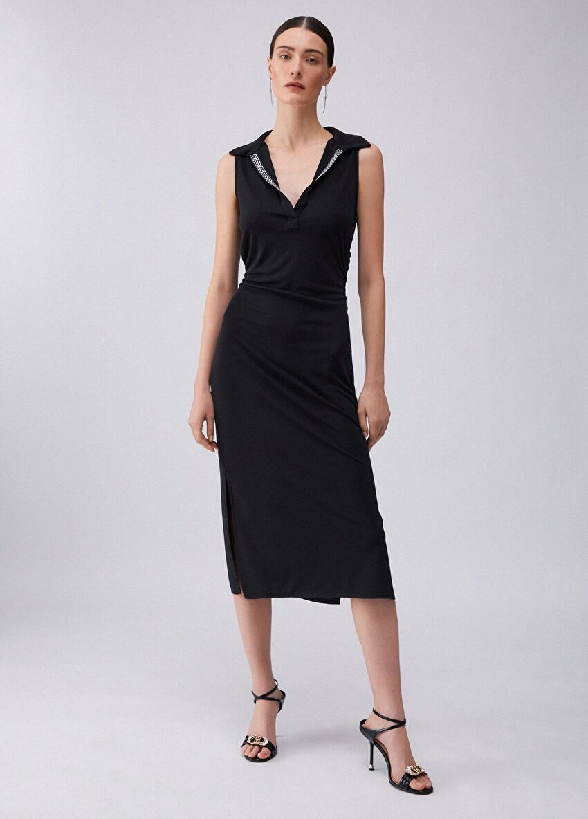 Siyah Taşlı Polo Yaka Jarse Elbise