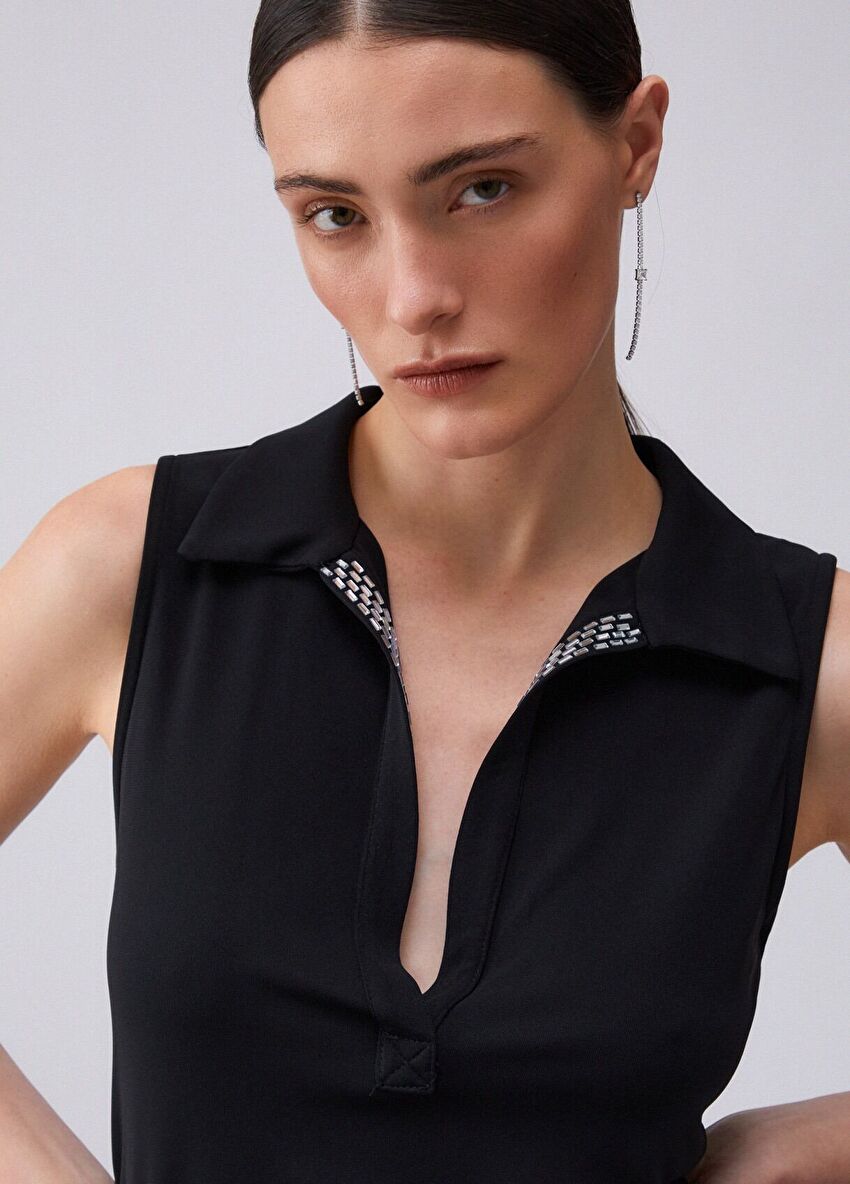 Siyah Taşlı Polo Yaka Jarse Elbise