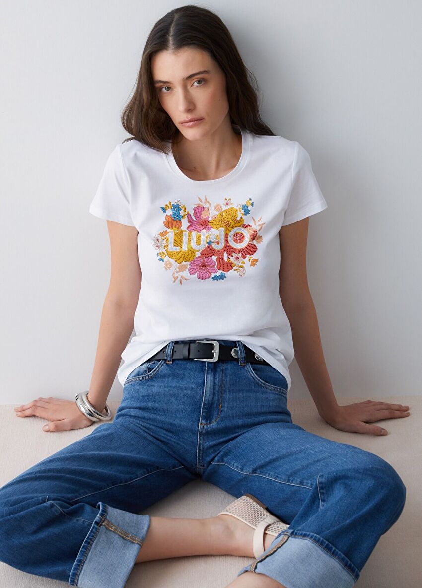 Beyaz Taş Baskı Kısa Kollu T-Shirt