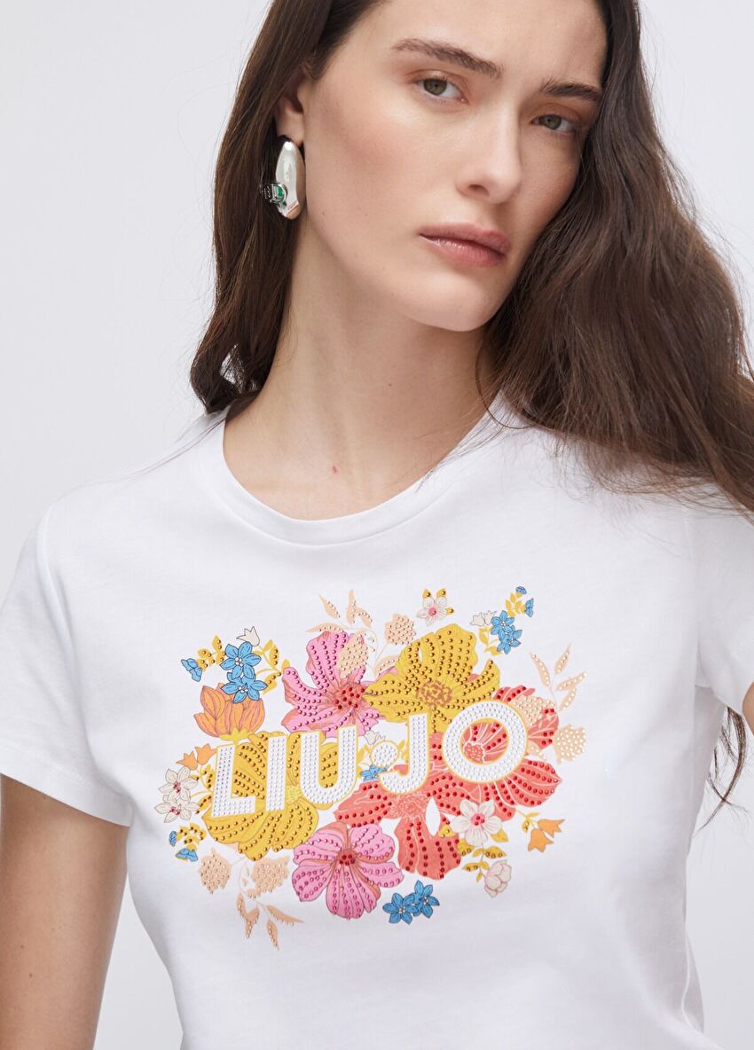 Beyaz Taş Baskı Kısa Kollu T-Shirt