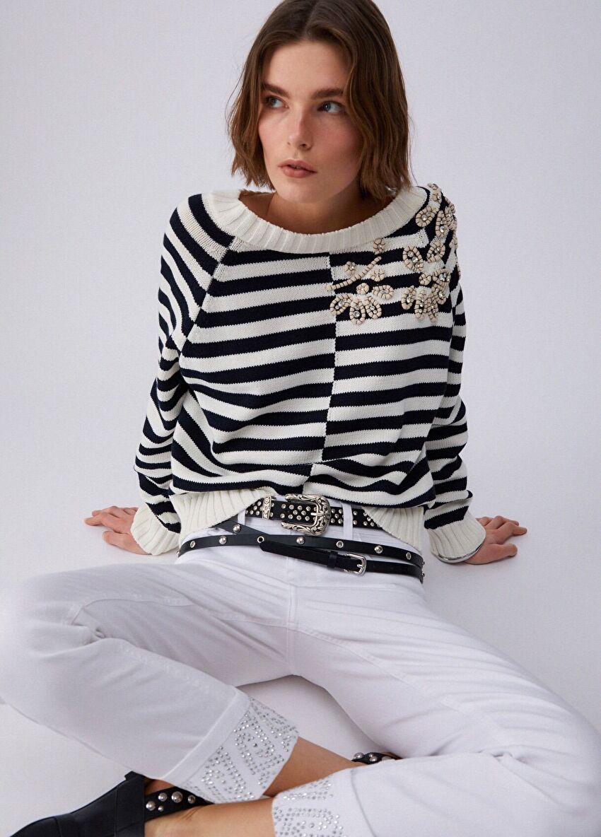 Beyaz Taş Detaylı Skinny Kadın Denim Pantolon