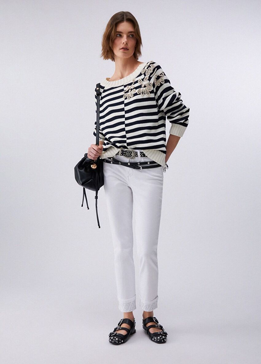 Beyaz Taş Detaylı Skinny Kadın Denim Pantolon