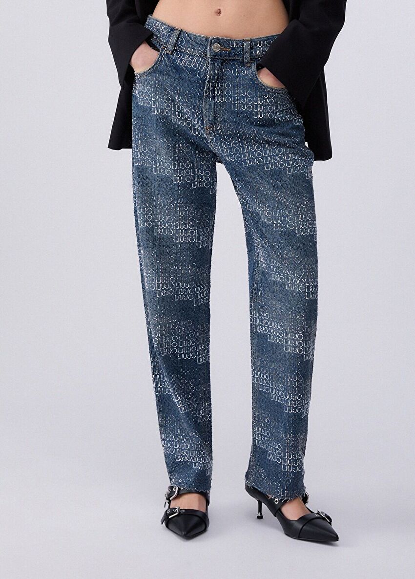 Mavi Düz Kesim Yüksek Bel Denim Pantolon