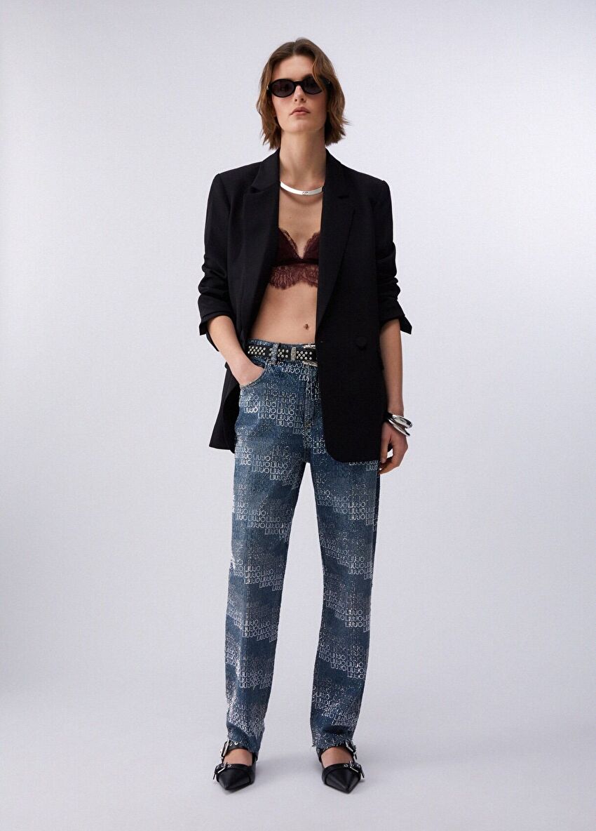 Mavi Düz Kesim Yüksek Bel Denim Pantolon