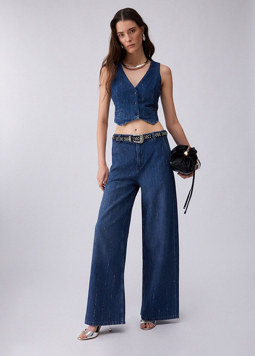 Mavi Strass Detaylı Flare Denim Pantolon