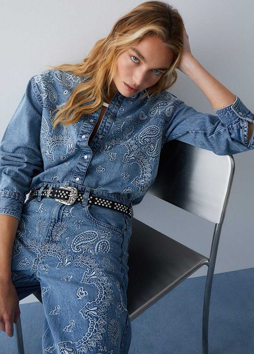 Mavi Işlemeli Denim Gömlek Ceket