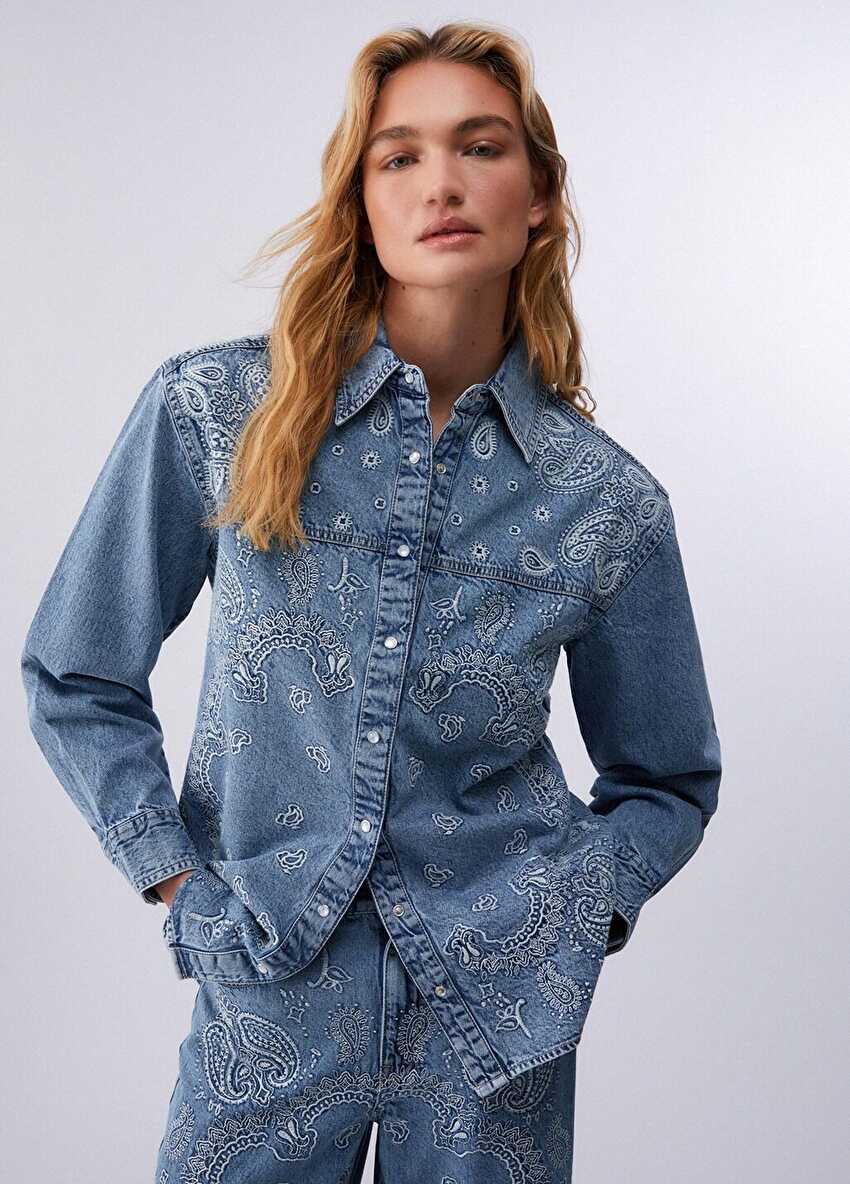 Mavi Işlemeli Denim Gömlek Ceket