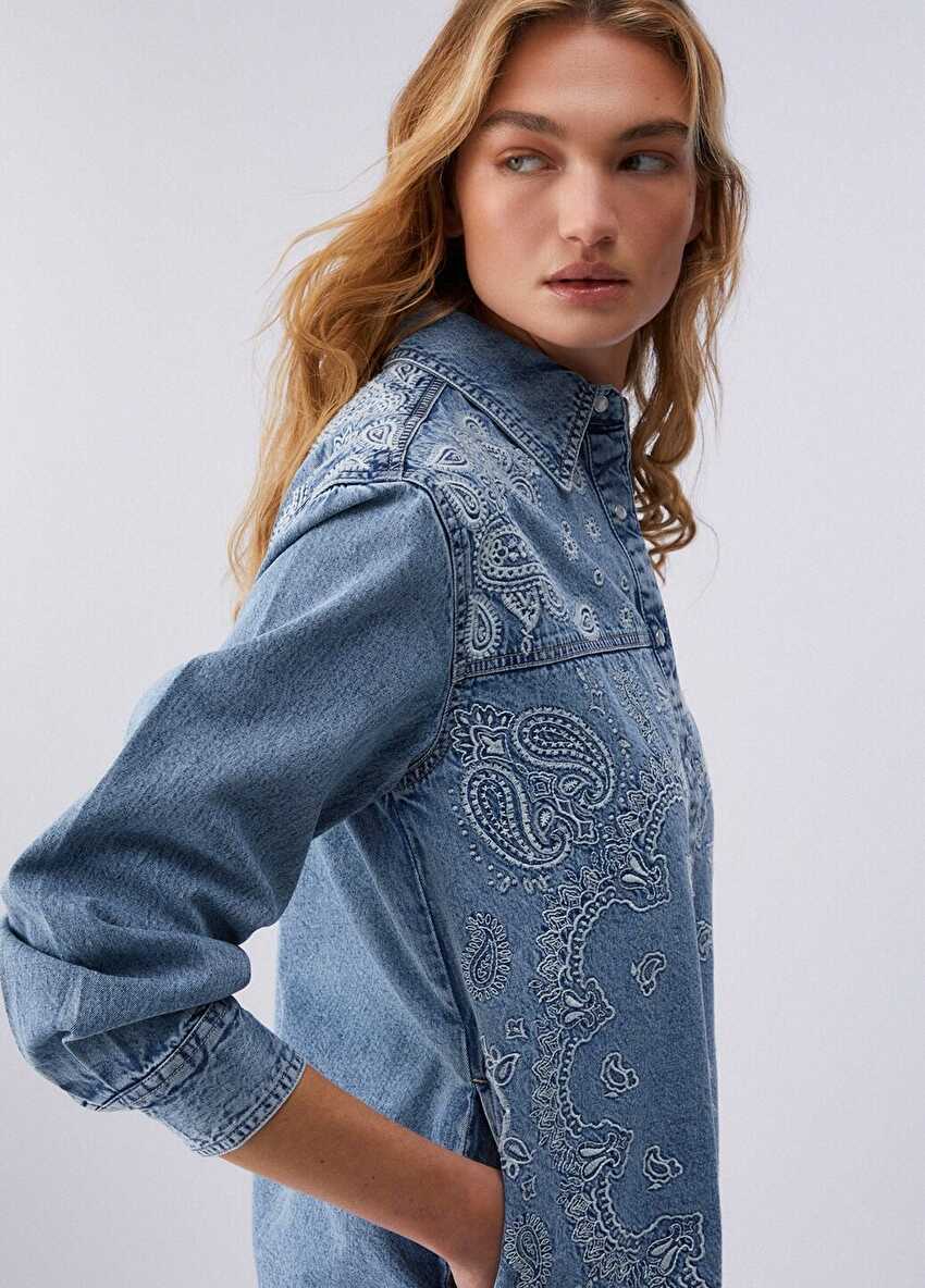 Mavi Işlemeli Denim Gömlek Ceket