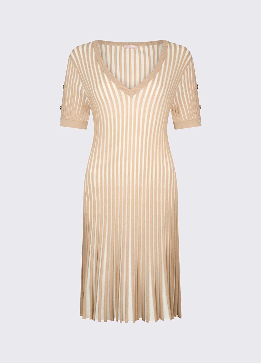 Bej / Beyaz Kısa Triko Elbise