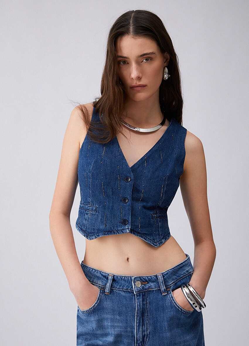 Mavi Strass Detaylı Denim Yelek